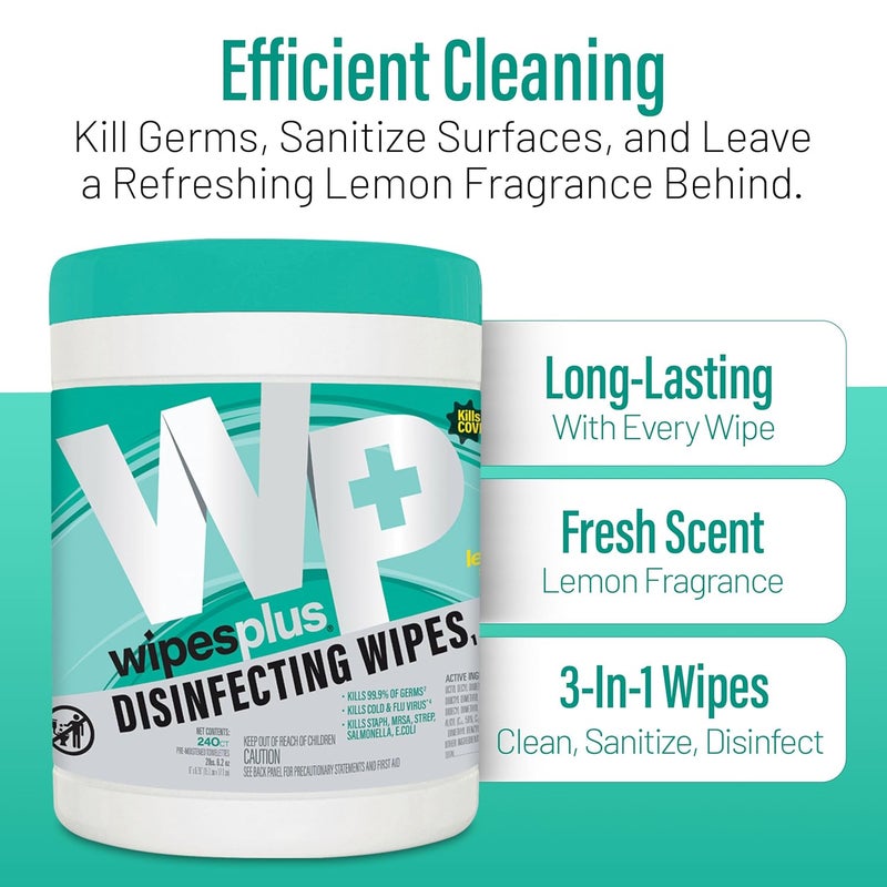 WIPESPLUS Disinfecting Surface Wipes Canister Bleach Free with Lemon Scent for Home and Business, 240 Count - Image 5